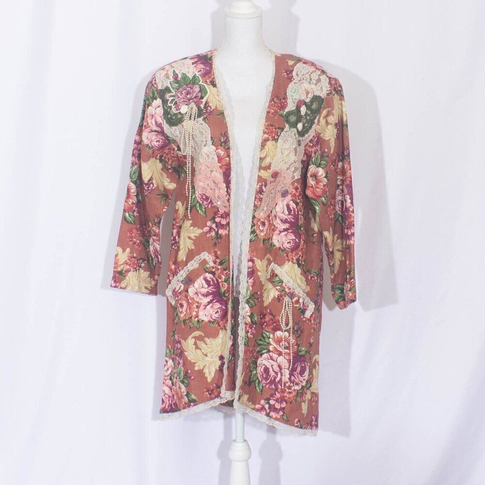VINTAGE LACY AFTERNOON Floral English Garden Open Front Cardigan Size L